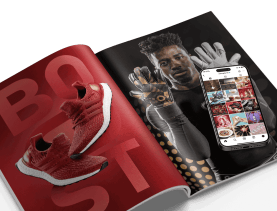 Engaging product lifestyle photography banner featuring a magazine with ad visuals and an iPhone displaying Instagram created in our quality photo studio upd transparent