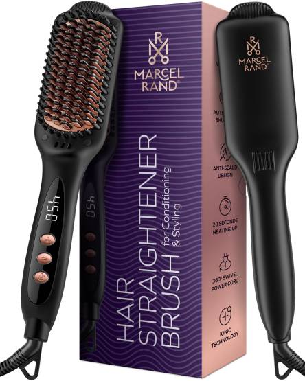 Experience flawless conditioning and styling with our luxurious hair straightener brush captured through white background product photography