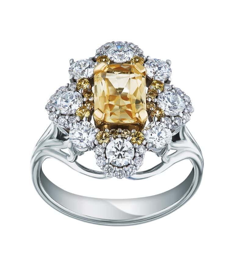Exquisite white gold ring with a bold rectangular yellow stone brilliantly captured in product photography jewelry 2024