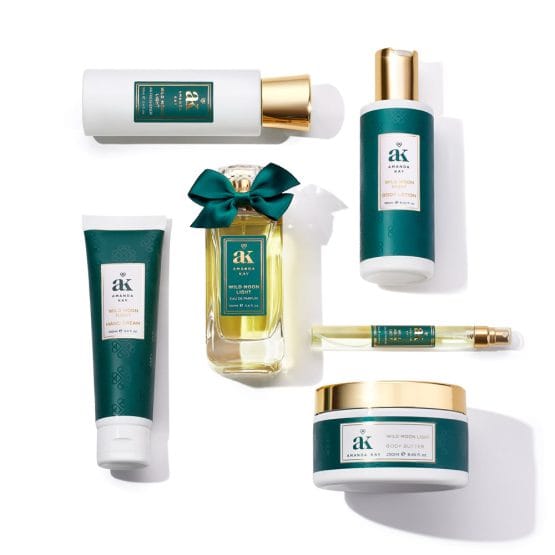 Makeup cosmetics photography of luxurious skincare set in deep green on product photos white background