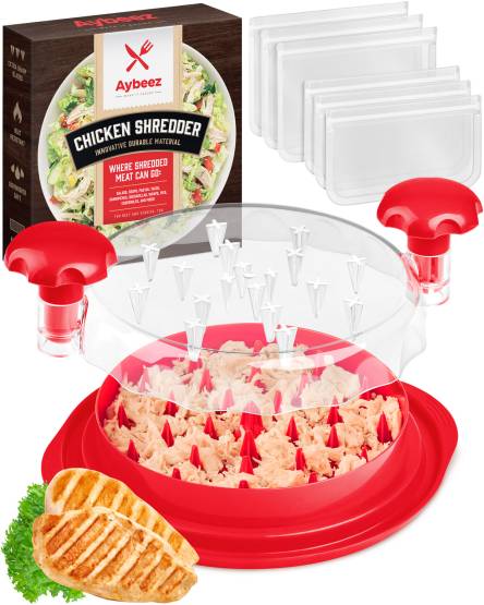 Prepare meals effortlessly with chicken shredder including box and freezer storage bags captured through white background product photography