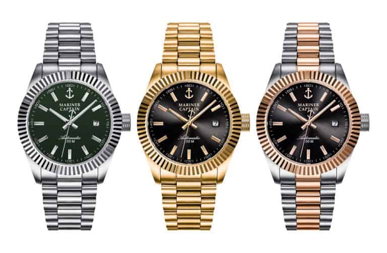 Three watches same model different color accents in professional white background photography
